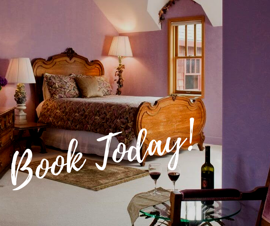 View of the bed in the Heather Room and bottle of wine with glasses with text "book today"