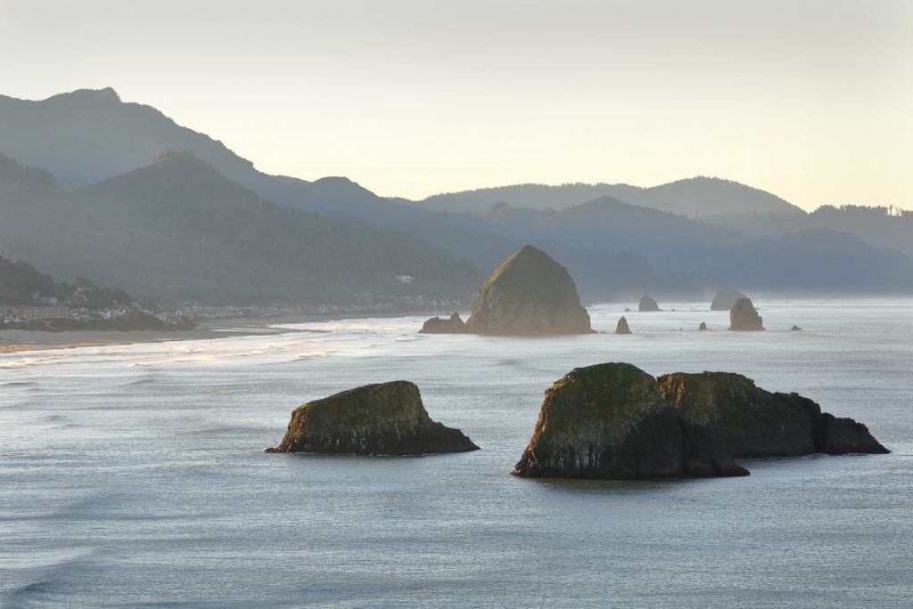 Aerial view of Cannon Beach rock formations on the Pacific Coast Scenic Highway