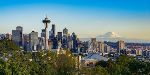 On a clear day, Mt Rainier can be seen behind the Seattle cityscape | Seattle to Cannon Beach Road Trip